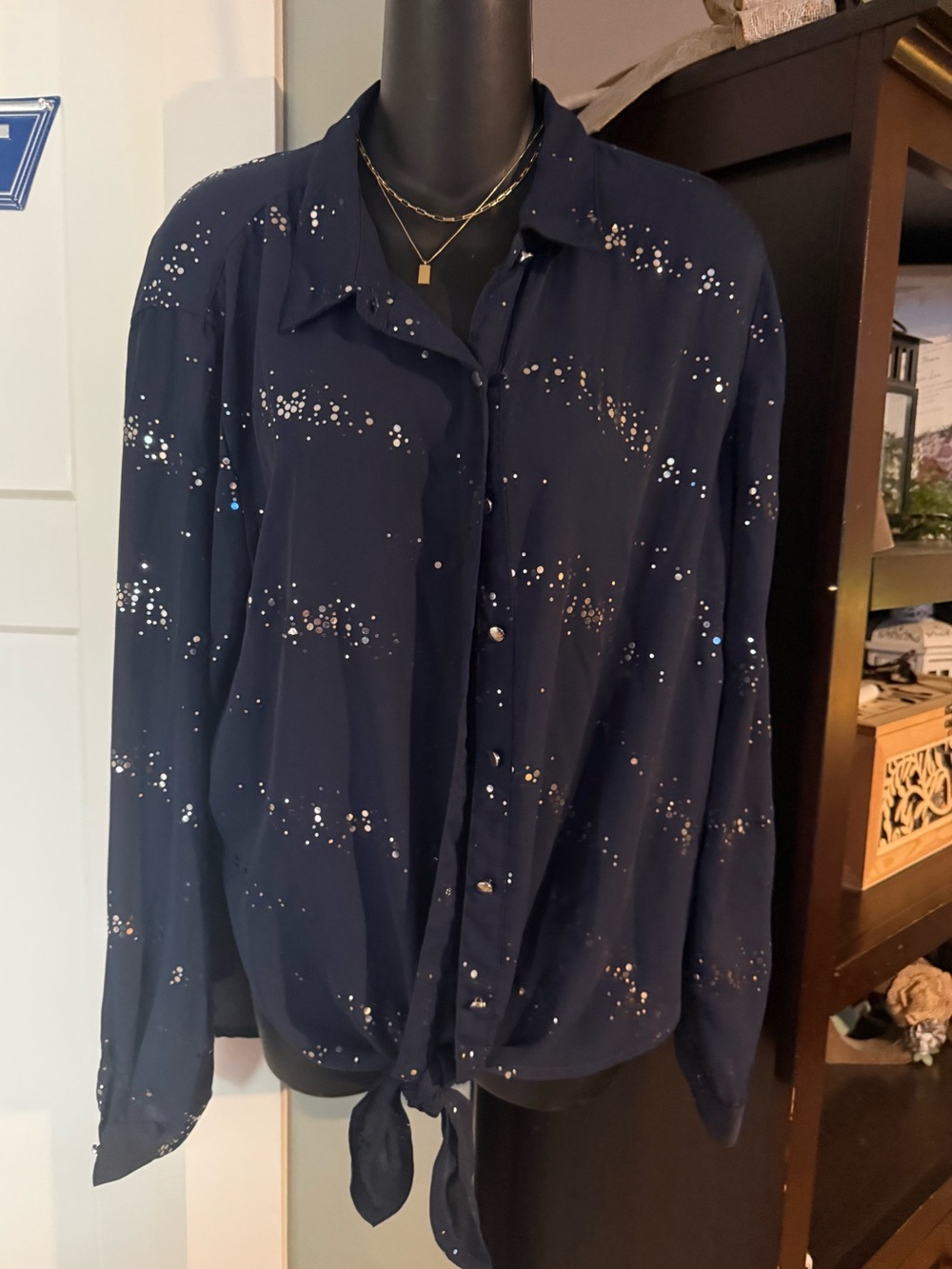 NY Collection Women’s Navy and Silver Long-sleeve Semi Transparent Button Blouse